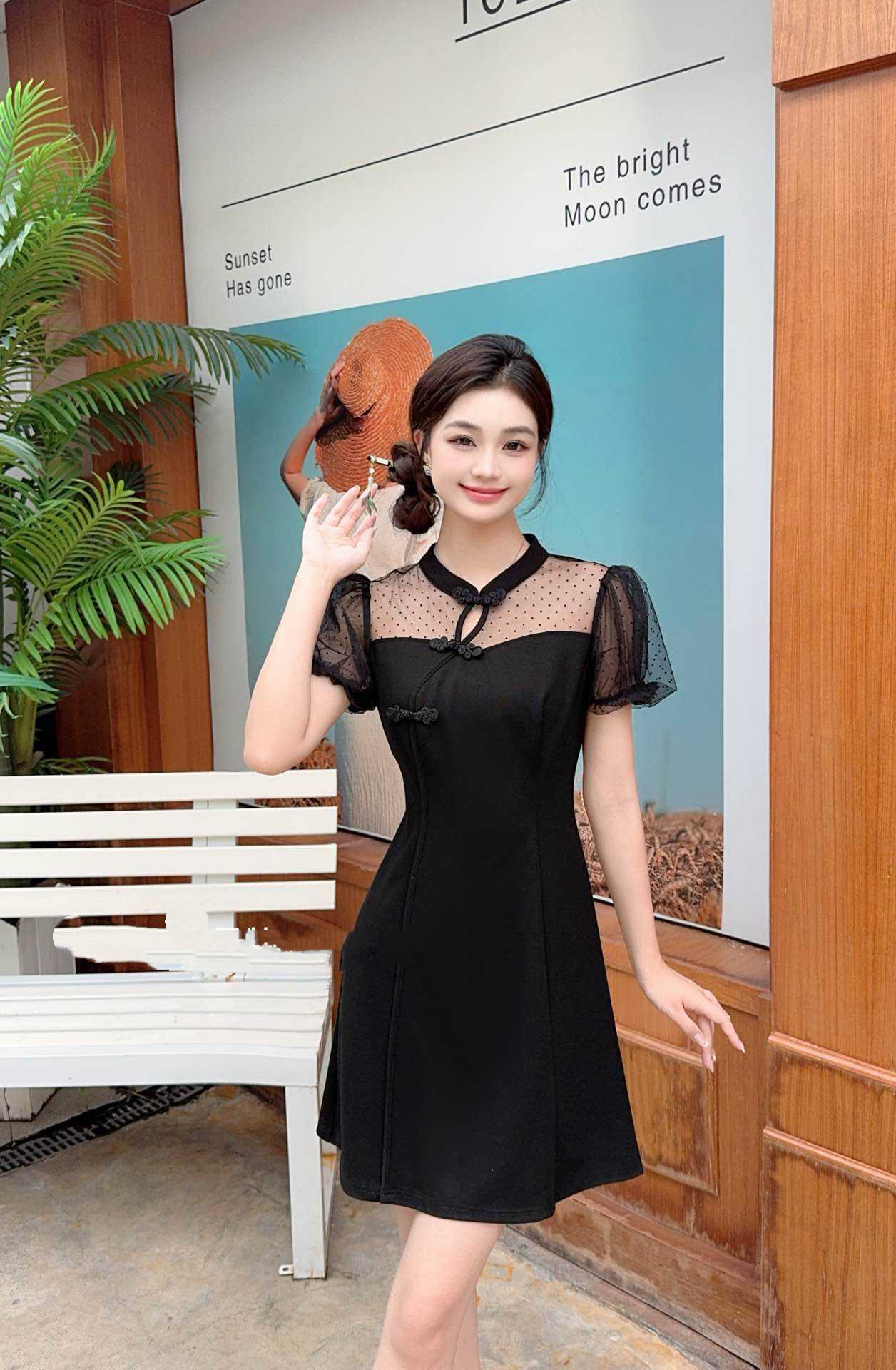 【海南简爱】A新中式国风改良旗袍网纱拼接连衣裙 22095