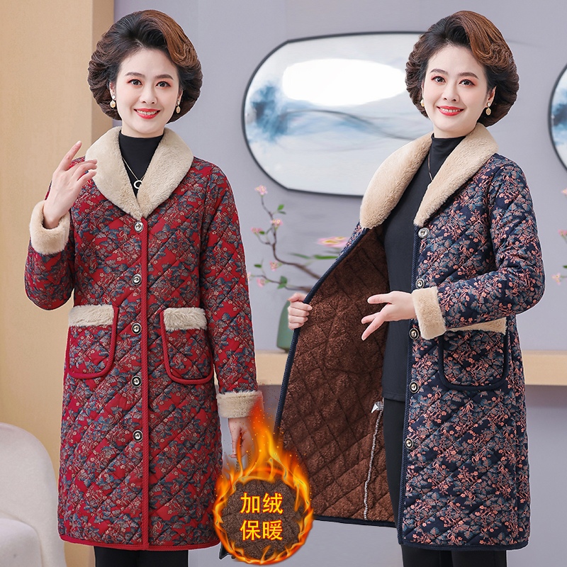 冬季新款中老年女装棉衣外套加绒加厚棉服妈妈装中长款保暖棉袄