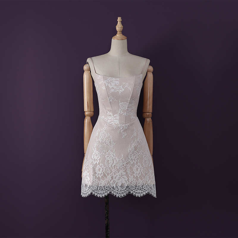 法式纯欲风性感一字领鱼骨收腰显瘦睫毛蕾丝吊带连衣裙绝美短裙女