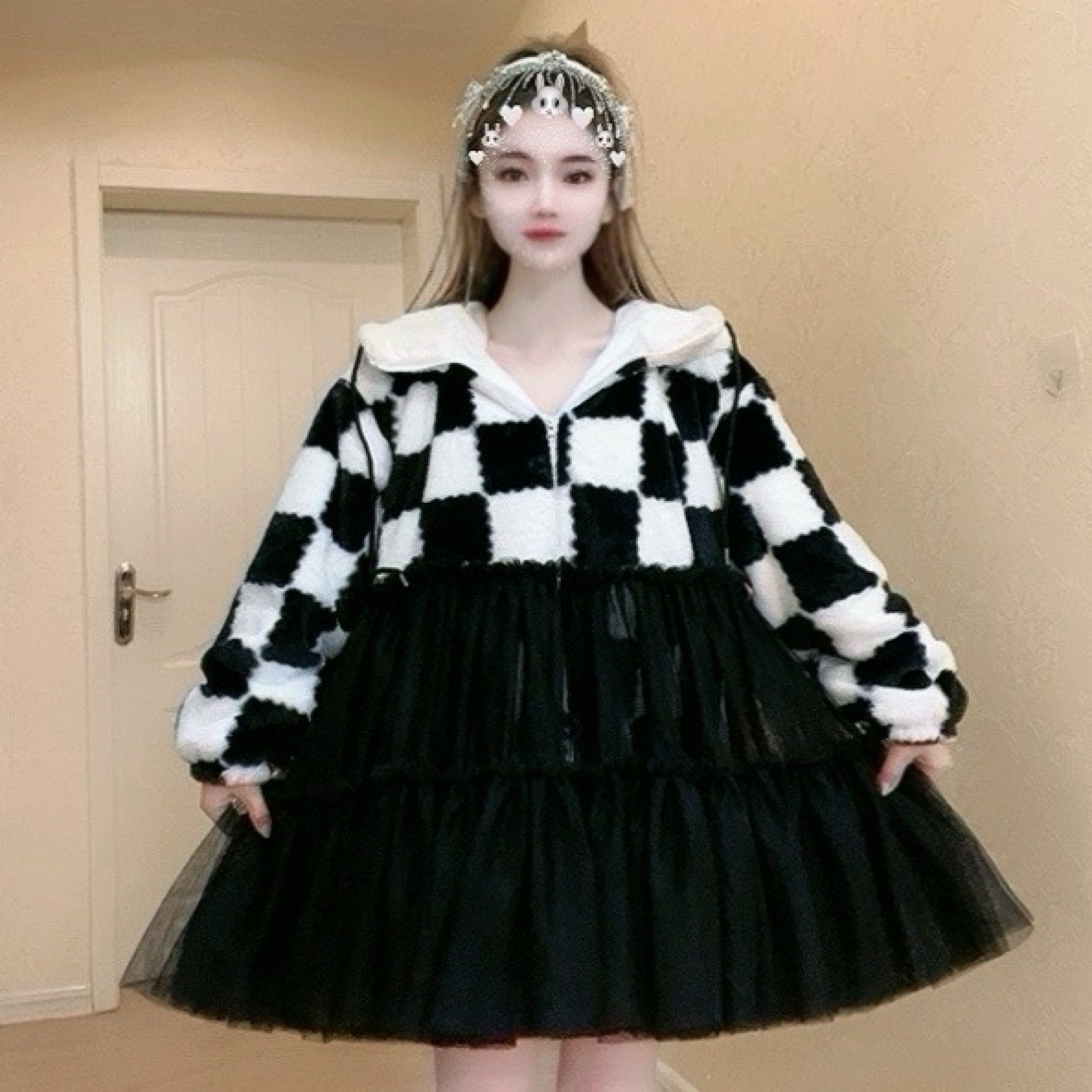 【面条仙仙】3614#高品质纱纱拼接加绒连帽黑白格外套连衣裙