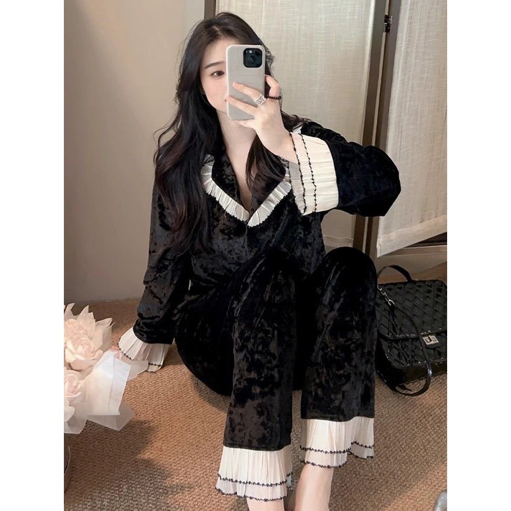 黑色金丝绒睡衣女秋冬款2025新款高级感甜美娃娃领可外穿家居服