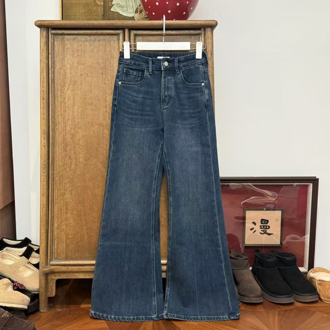 （加绒）MYL 2024冬季新品莱赛尔混纺蓝色牛仔裤中腰直筒微喇长裤