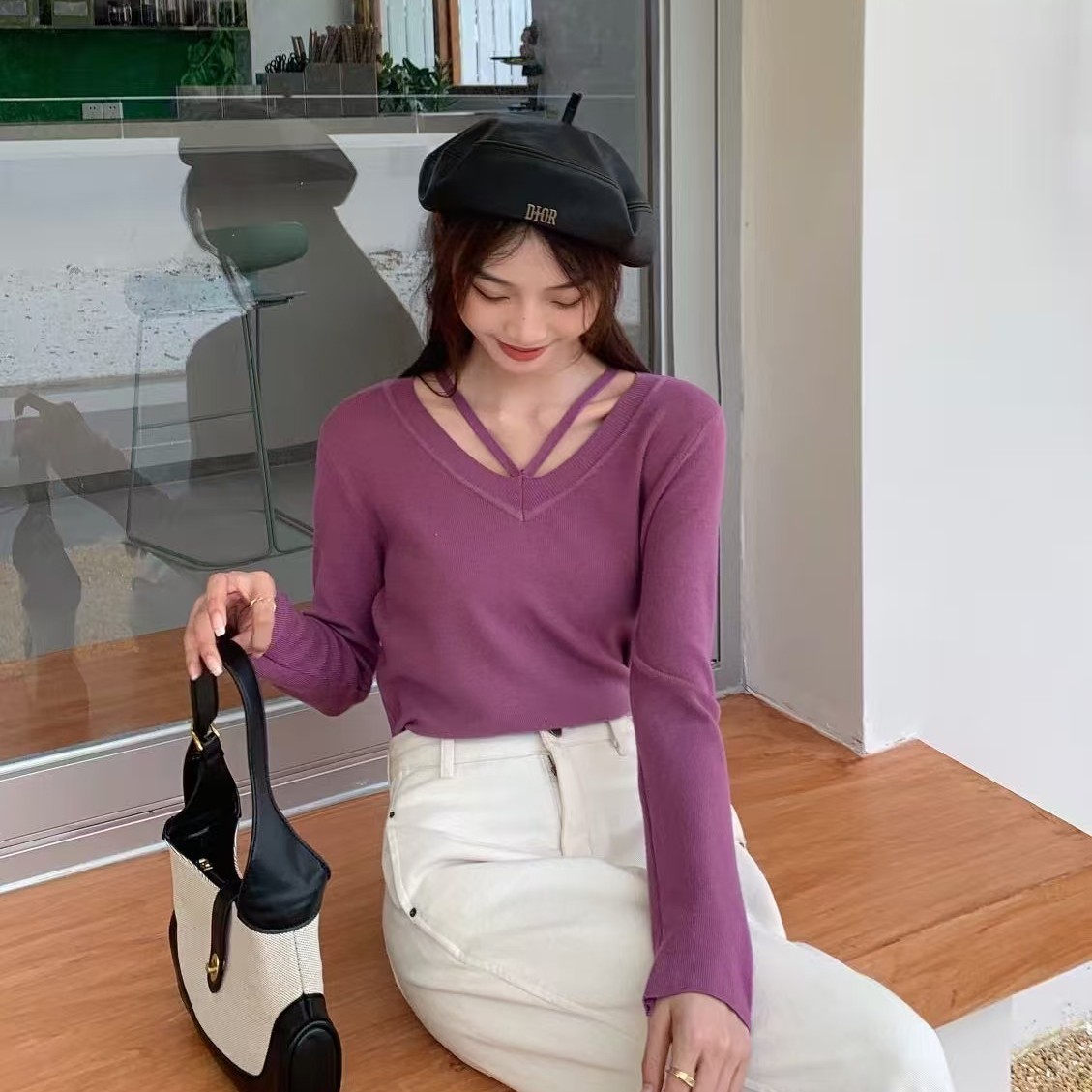 9010#韩系纯色露锁骨长袖针织衫女秋冬设计感显瘦百搭内搭打底