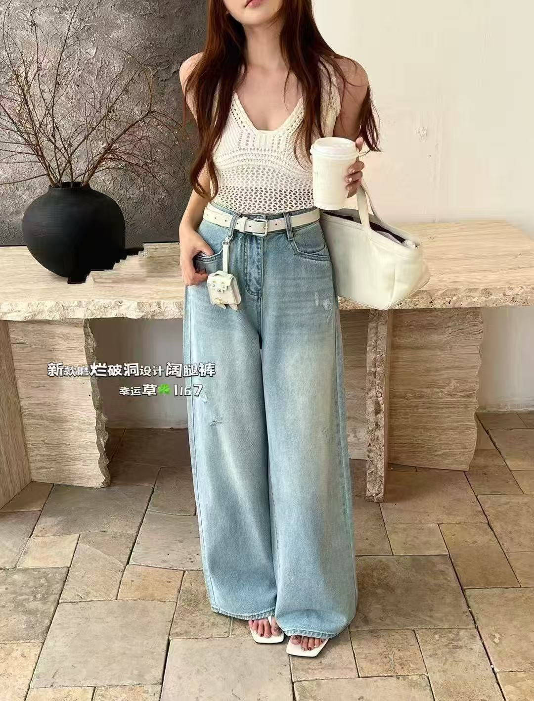 【1167】可#高腰破洞直筒宽松牛仔裤