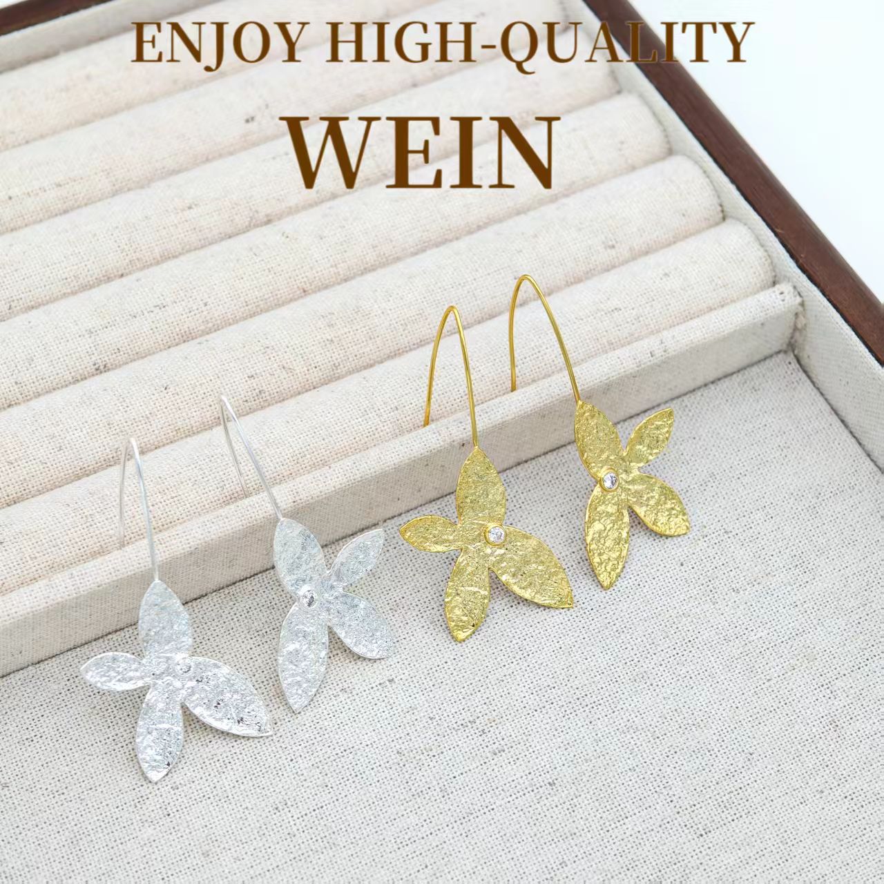 WEIN 铜合金合成锆石耳饰 镀K金锡纸纹花朵耳环设计师轻奢气质Ins