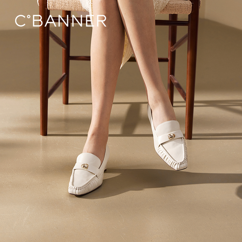 【静音系列】千百度羊皮通勤乐福鞋女2025春季新款粗高跟鞋豆豆鞋