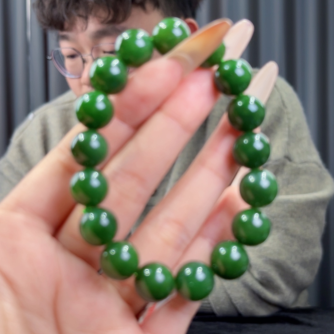 和田玉未镶嵌手串天然和田玉俄碧菠菜绿手串12