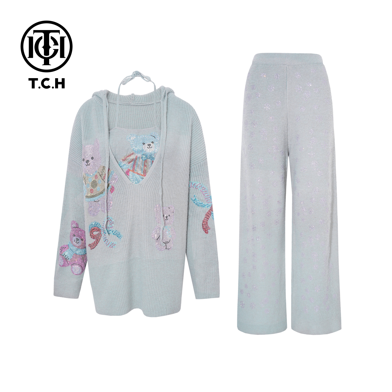 TCH【官搭推荐】冬款时尚烫钻淑女贵气蓝色女装套装T75D07E5028