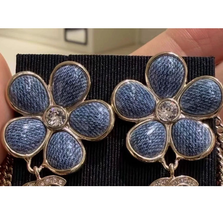 铜合金珐琅耳饰 气质金色26新款蓝色牛仔花吊坠时尚手工耳环项链