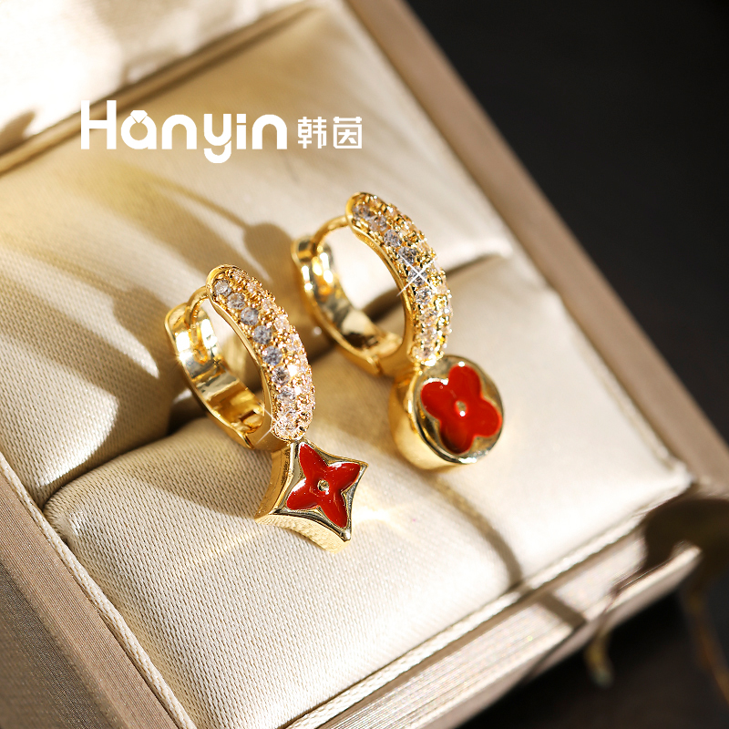 铜合金珐琅耳饰 高定AB不对称釉面尖花圆花四叶草微镶耳扣AAA