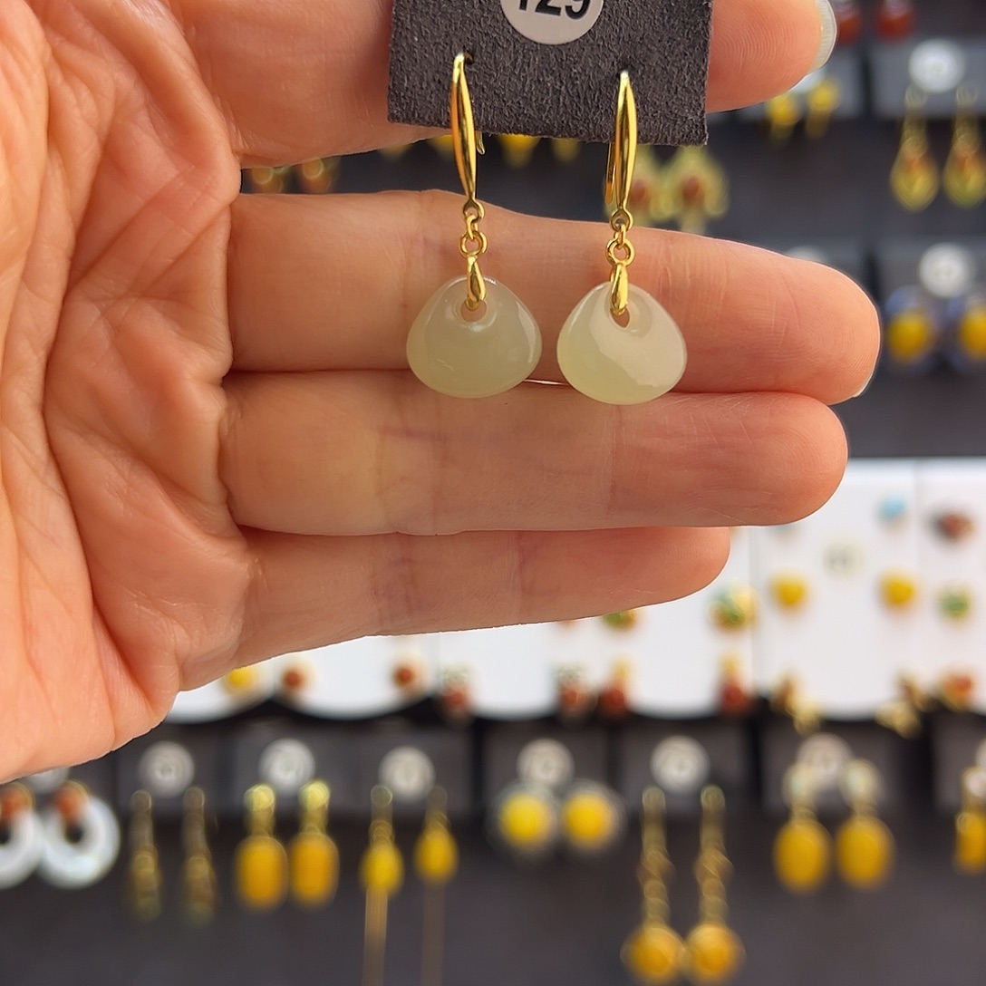 和田玉未镶嵌耳饰通体纯银天然和田玉福袋耳钩