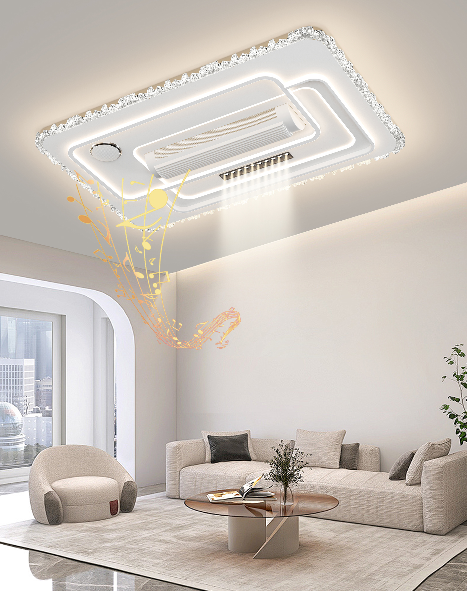 6086新款无叶风扇灯长方形客厅大灯现代简约带射灯智能语音