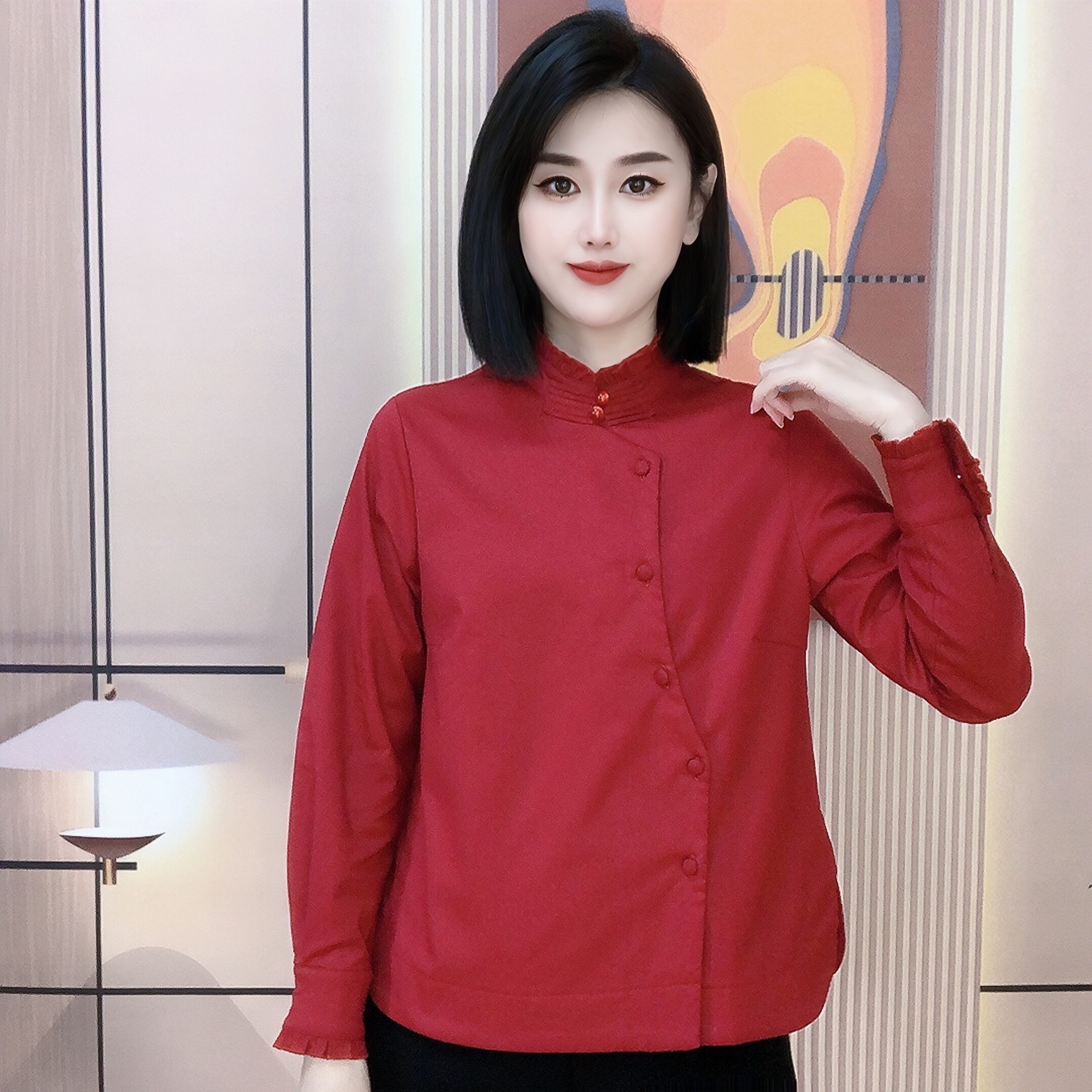 【加绒】7316加绒新中式国风立领木耳边盘扣时尚百搭衬衫
