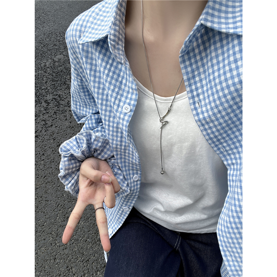 韩系蓝色格子长袖衬衫女秋季设计感休闲宽松百搭翻领衬衣配发圈