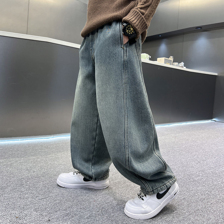 中大童韩版加绒拼接牛仔老爹裤子秋冬新款儿童一体绒羊羔毛牛仔裤