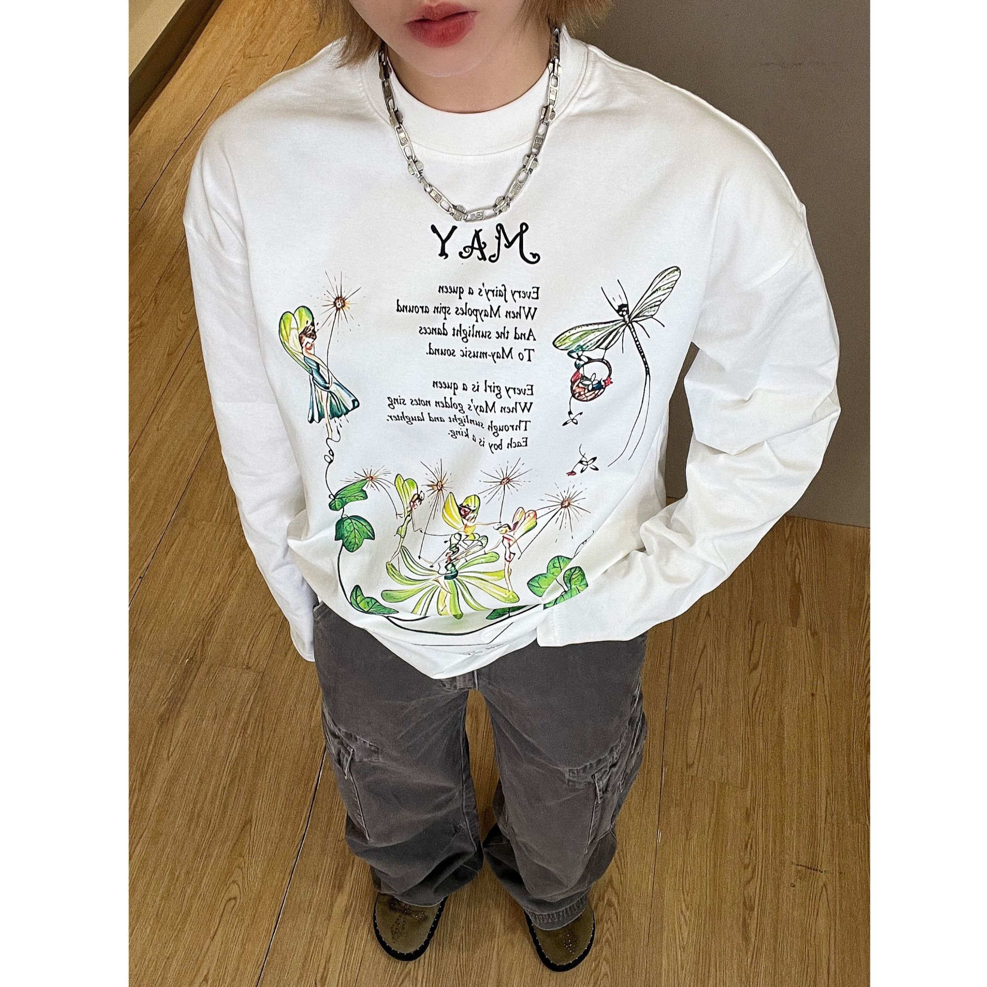 【花璨】街头美式休闲印花重磅宽松男女长袖打底T恤卫衣小众花仙子