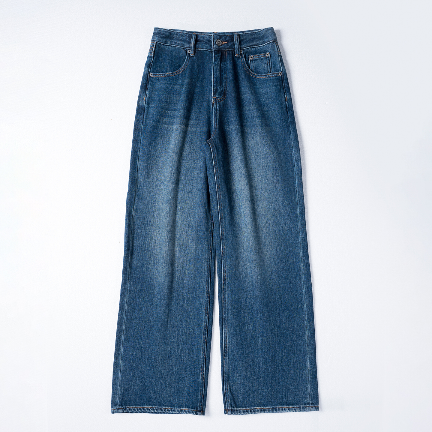 华裳格蓝色加绒高腰时尚百搭显瘦磨毛直筒牛仔裤HS1817