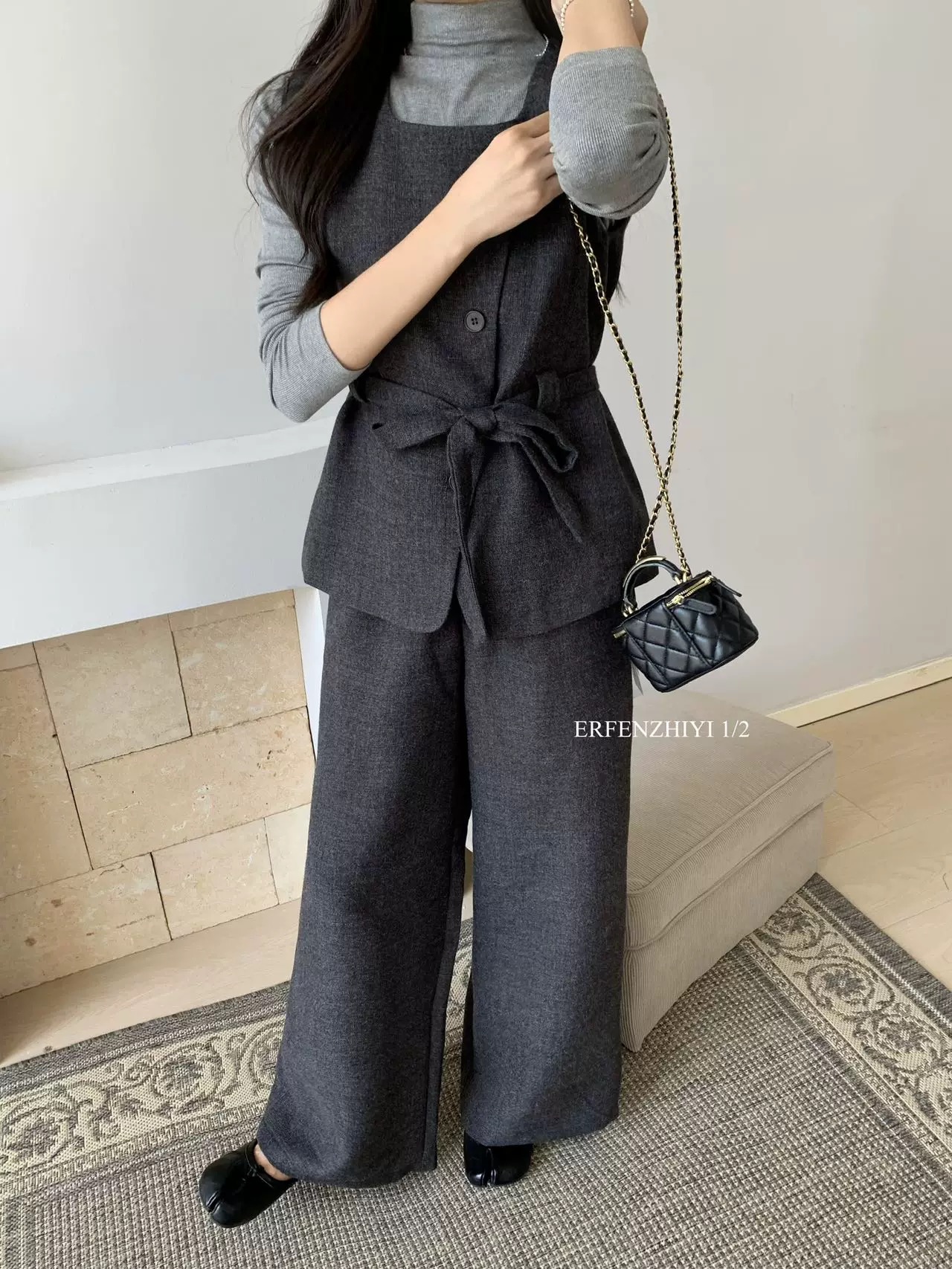 圆领羊毛呢无袖马甲打底衫+阔腿裤三件套女欧货2025秋季新款套装