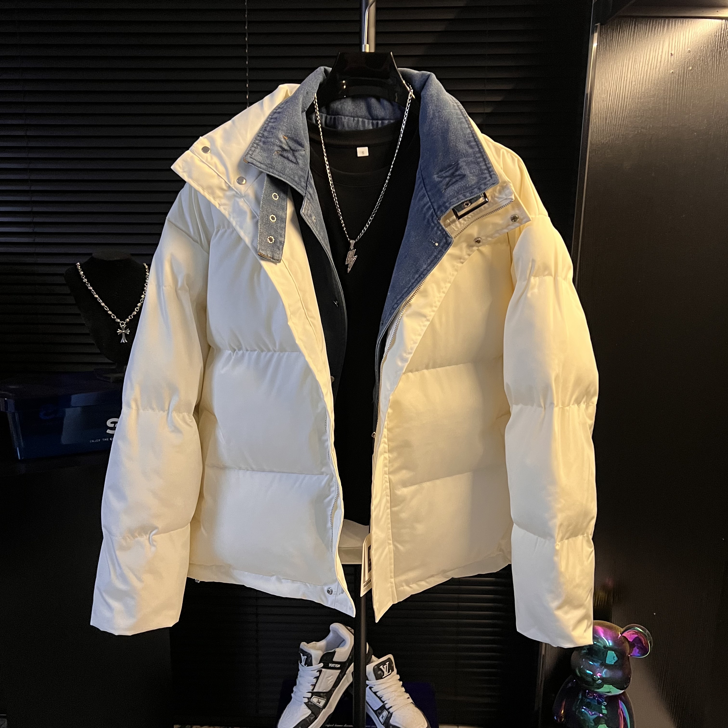 DB-新款简约修身翻领防风夹克男士拼接时尚潮流棉衣保暖棉服外套