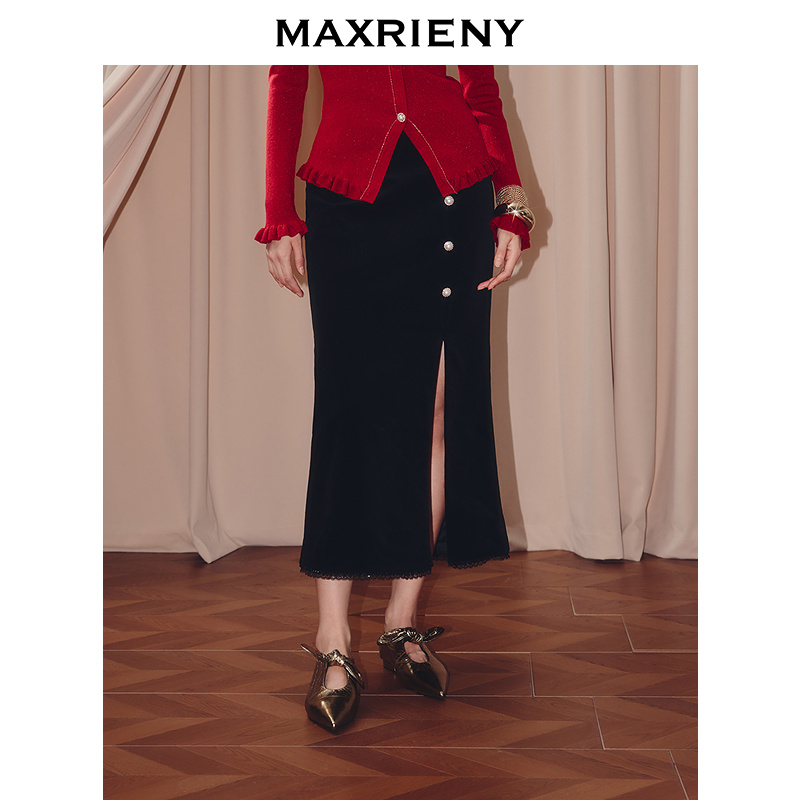 【诗语专属】MAXRIENY高腰开叉半裙秋款提花鱼尾中长裙