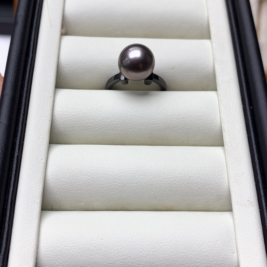 海水珍珠戒圈银S925镶嵌同款大溪地黑戒指 11-12mm 