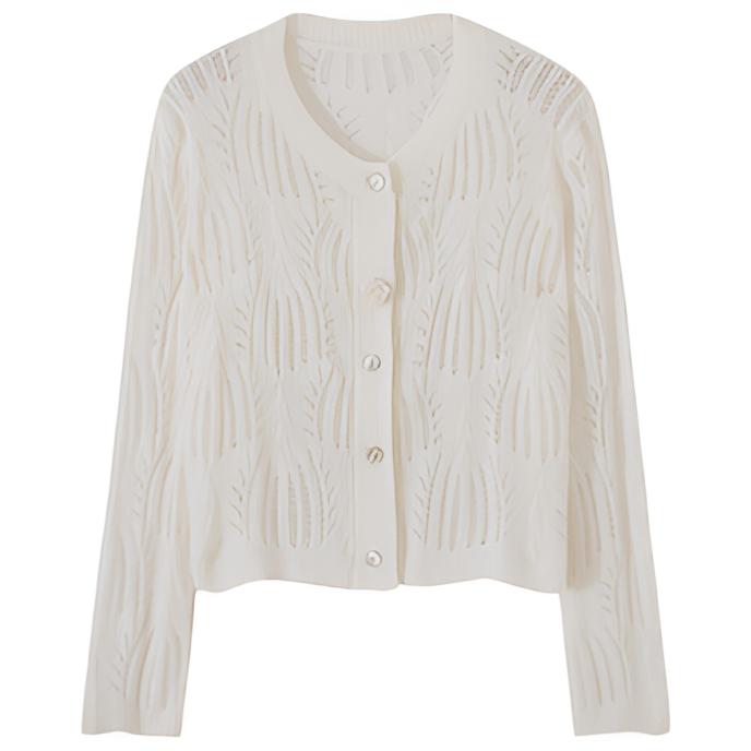 小香风白色气质镂空时尚百搭温柔宽松秋季长袖针织衫-8310