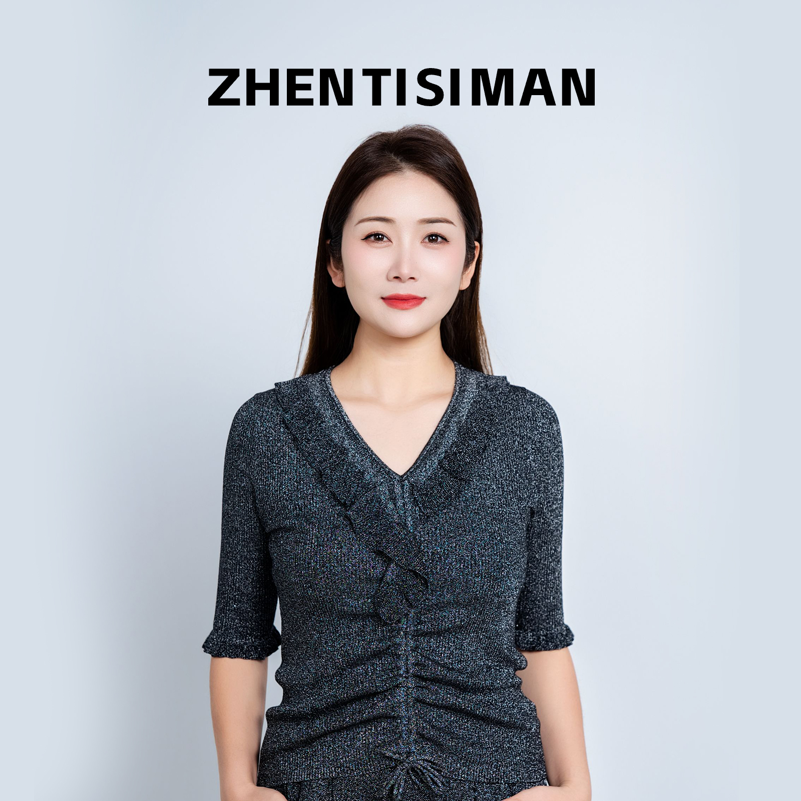 ZHENTISIMAN/TA5028/时尚v领水晶纱荷叶领气质百搭高级显瘦套头衫