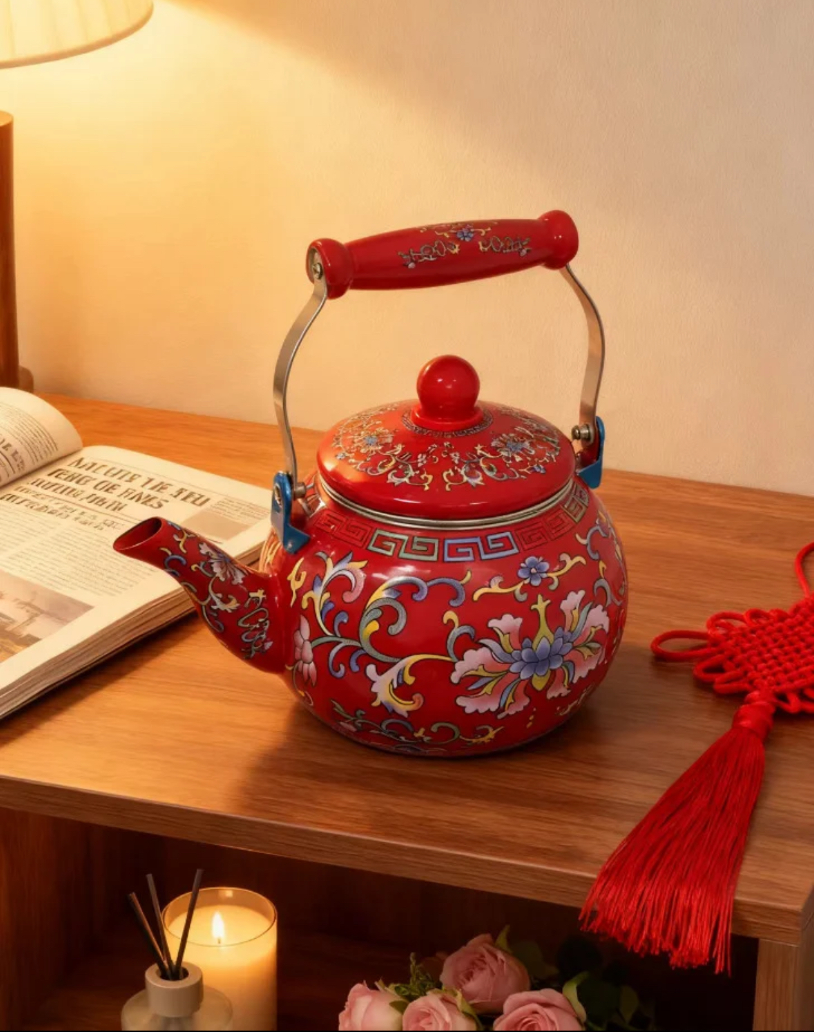2.5L陶瓷柄红钩莲珐琅搪瓷烧水壶茶壶冷水壶带滤网茶壶