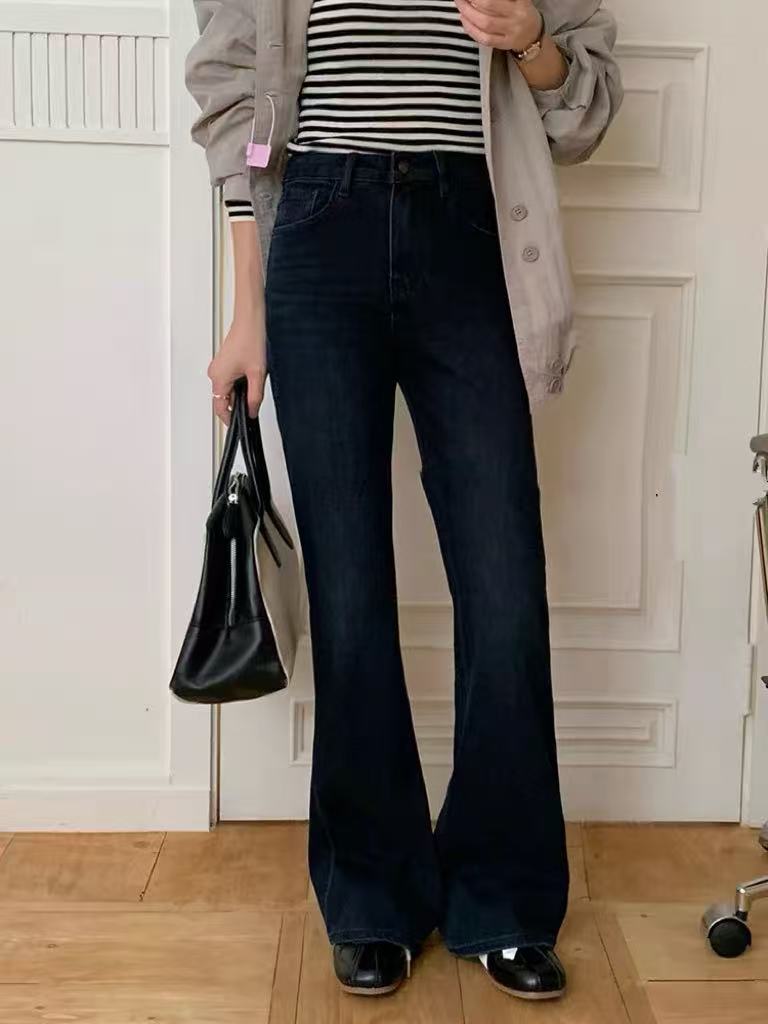 SU【383-1】代F 愫思 牛仔裤女深色加绒高腰显瘦十分长喇叭裤拖地裤