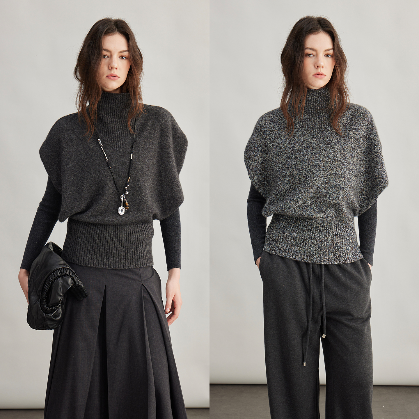 3ONE老钱松弛半高领加厚针织套头时尚蝙蝠袖短款羊绒羊毛无袖毛衣