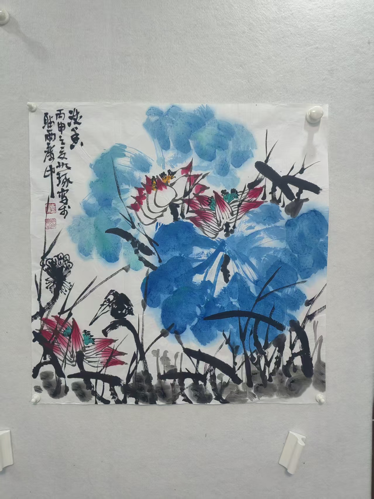 崔老师斗方花鸟荷花