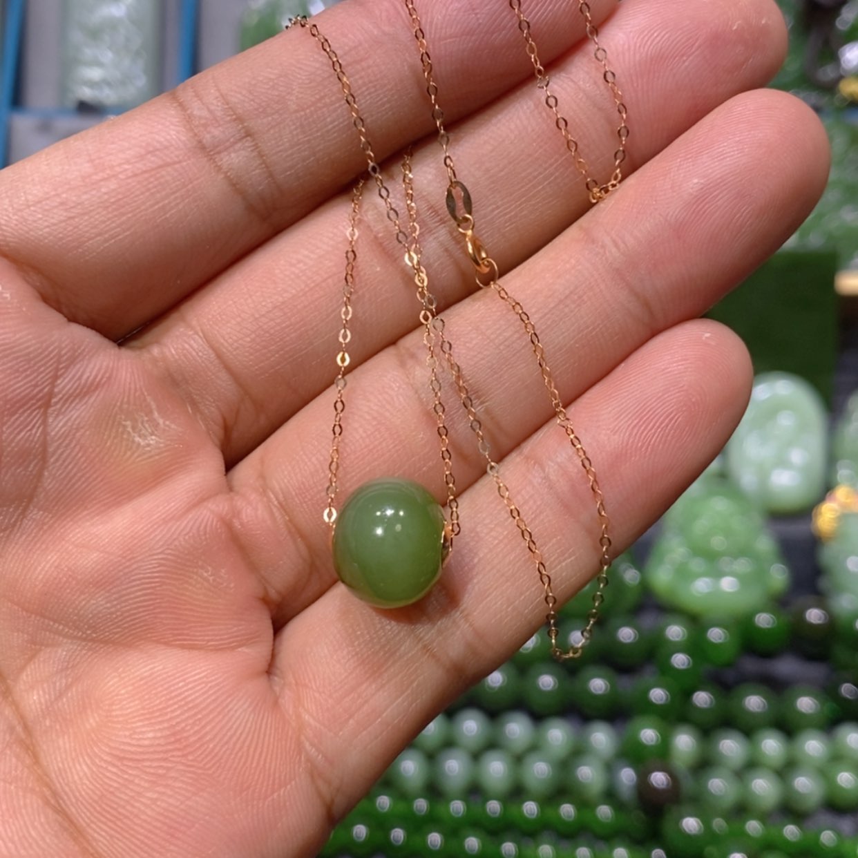 【闪购商品】和田玉套链18K金镶嵌猫眼路路通 12