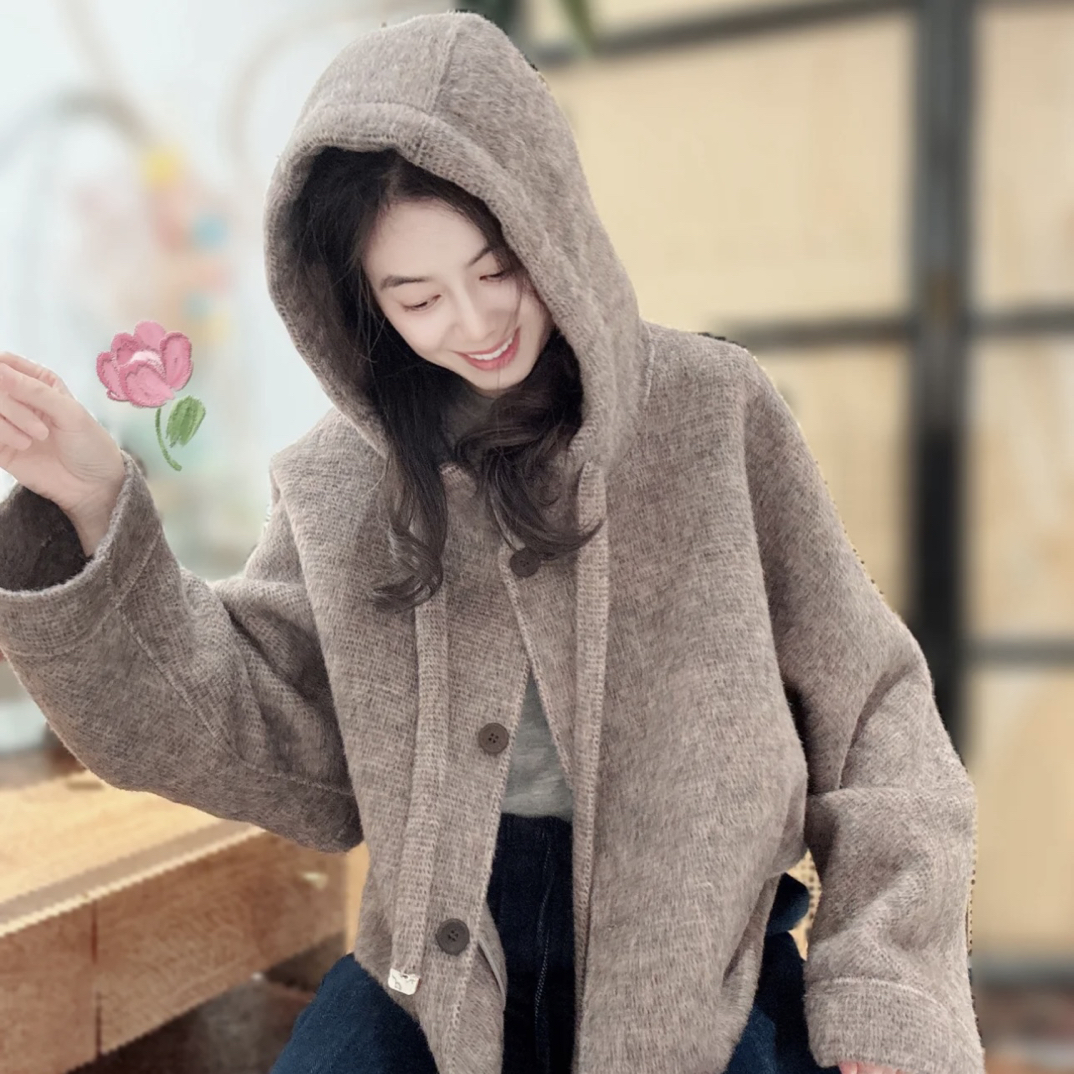 羊毛蚕丝双面毛衣带帽短款高级斗篷大衣