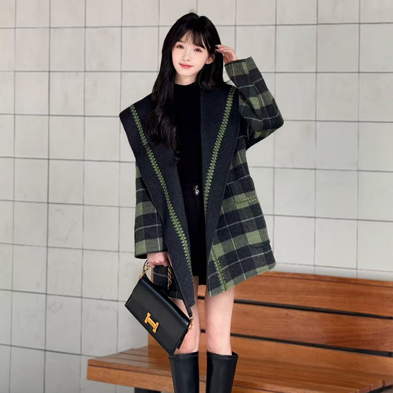 HSTYLE/韩都衣舍复古格子双面羊毛大衣女新款两面穿小个子 YG8516
