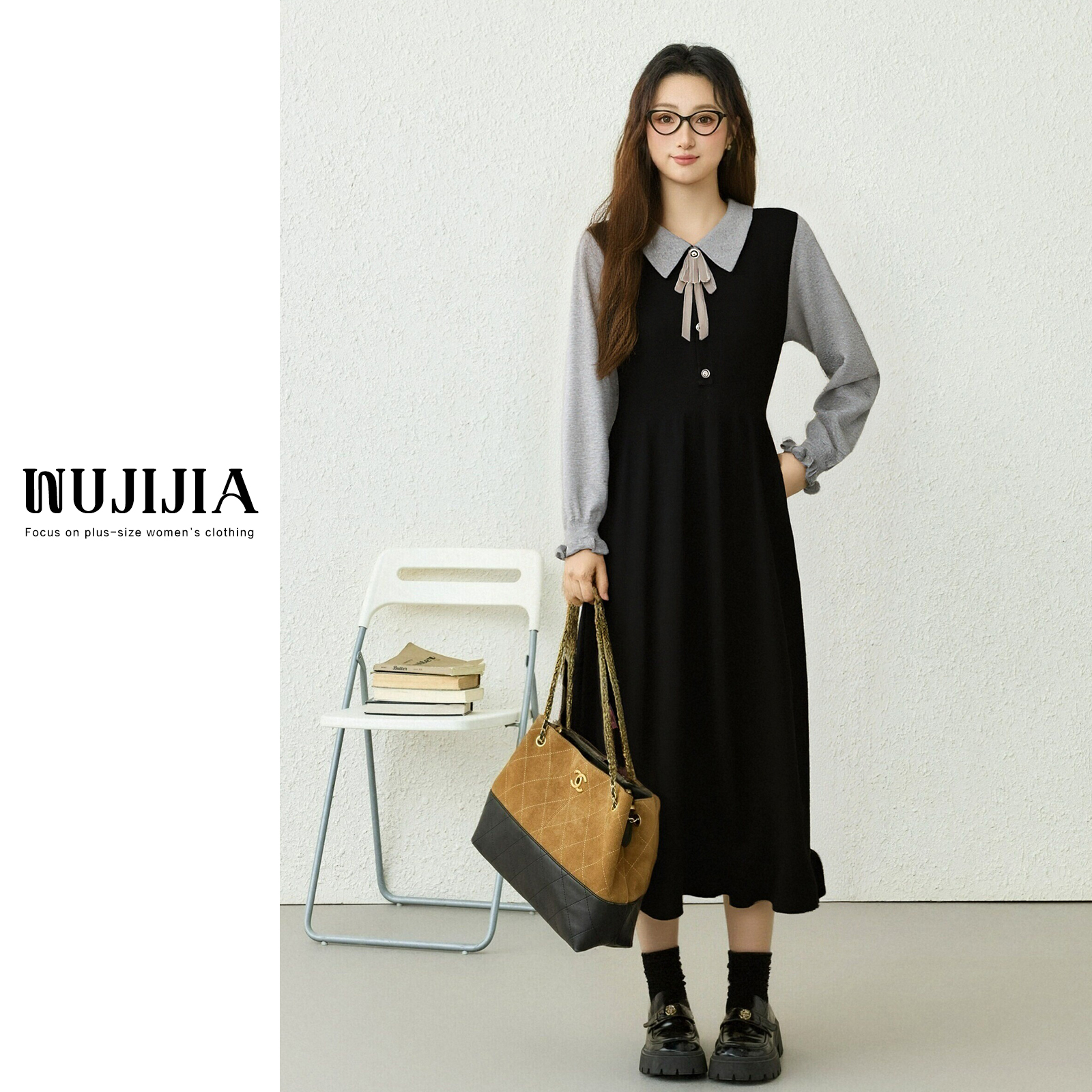 黑色假两件中长款时尚显瘦连衣裙新款收腰秋冬工作室裙子GZG7387