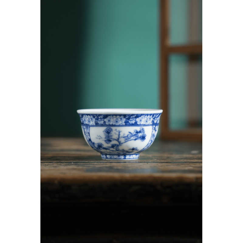（越记窑）复古青花松竹梅家用主人杯