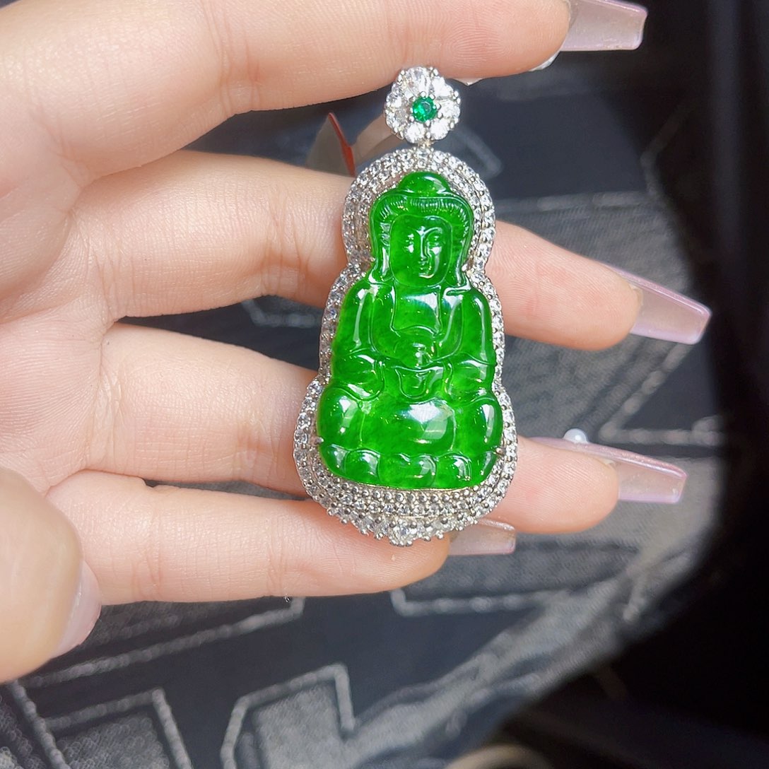 翡翠戒指银S925镶嵌观音