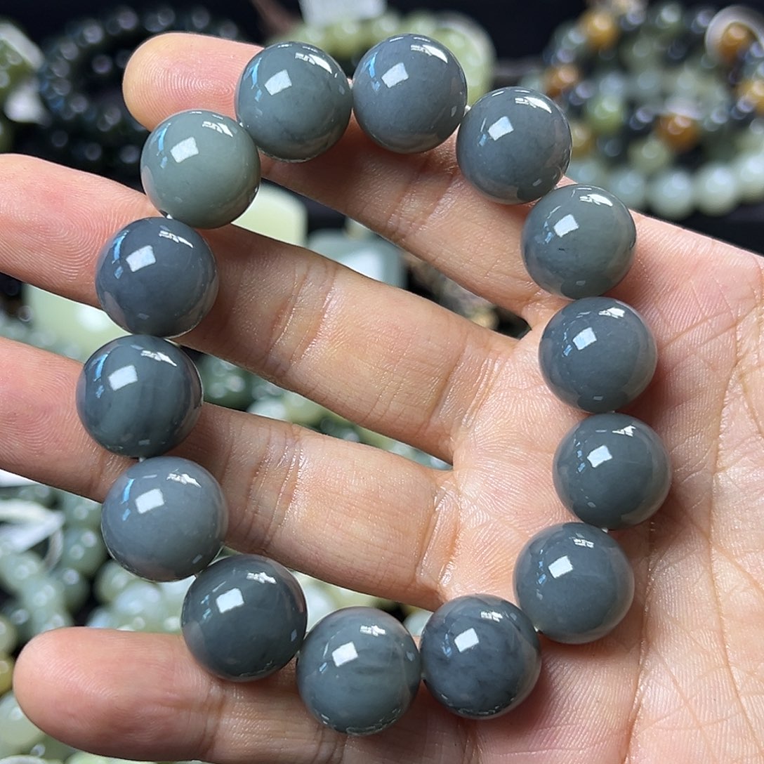 和田玉手链未镶嵌据墨青花卡15圆珠 油润 微包容