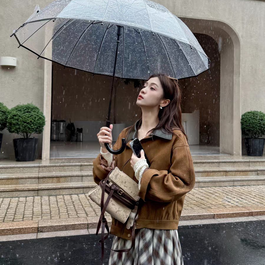 2025秋装新款复古百搭宽松皮领工装夹克女