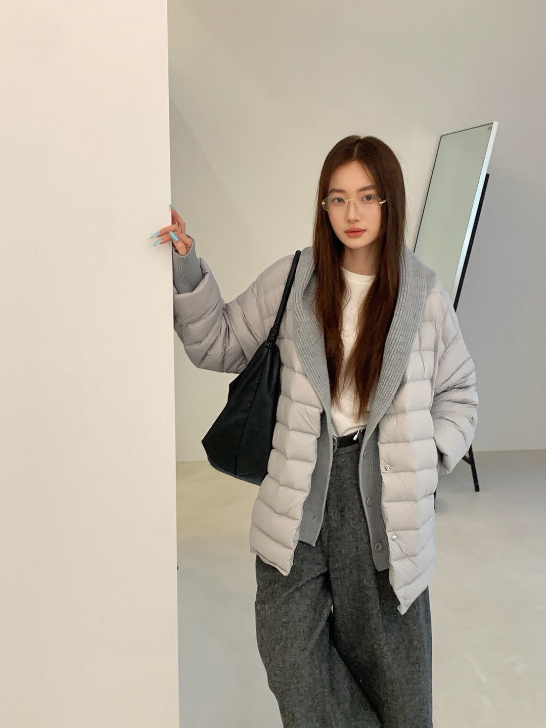 JOLI2025新款中长款排骨针织连帽羽绒服