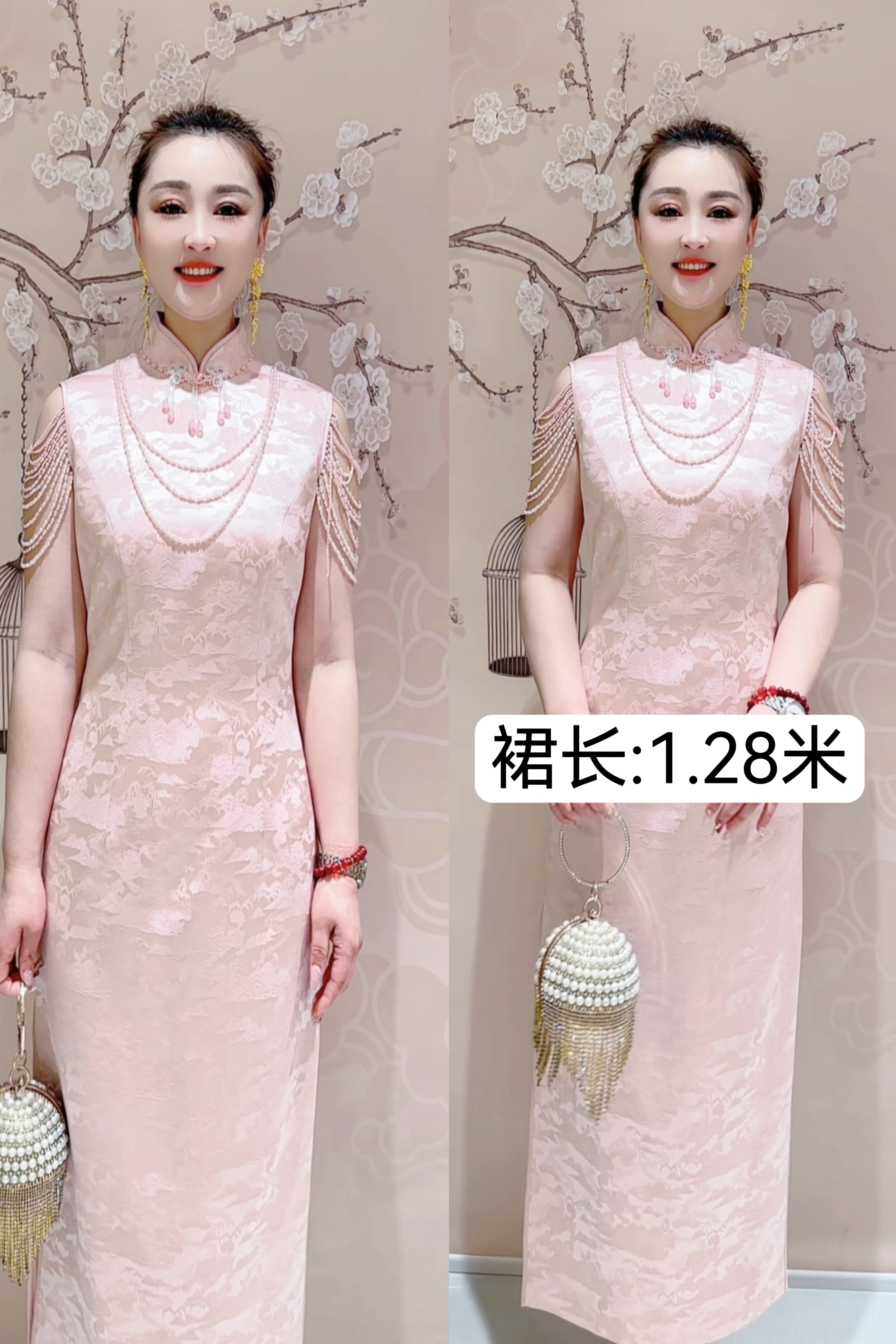重工串珠高端礼服170762复古气质中式中长款修身粉色绣花