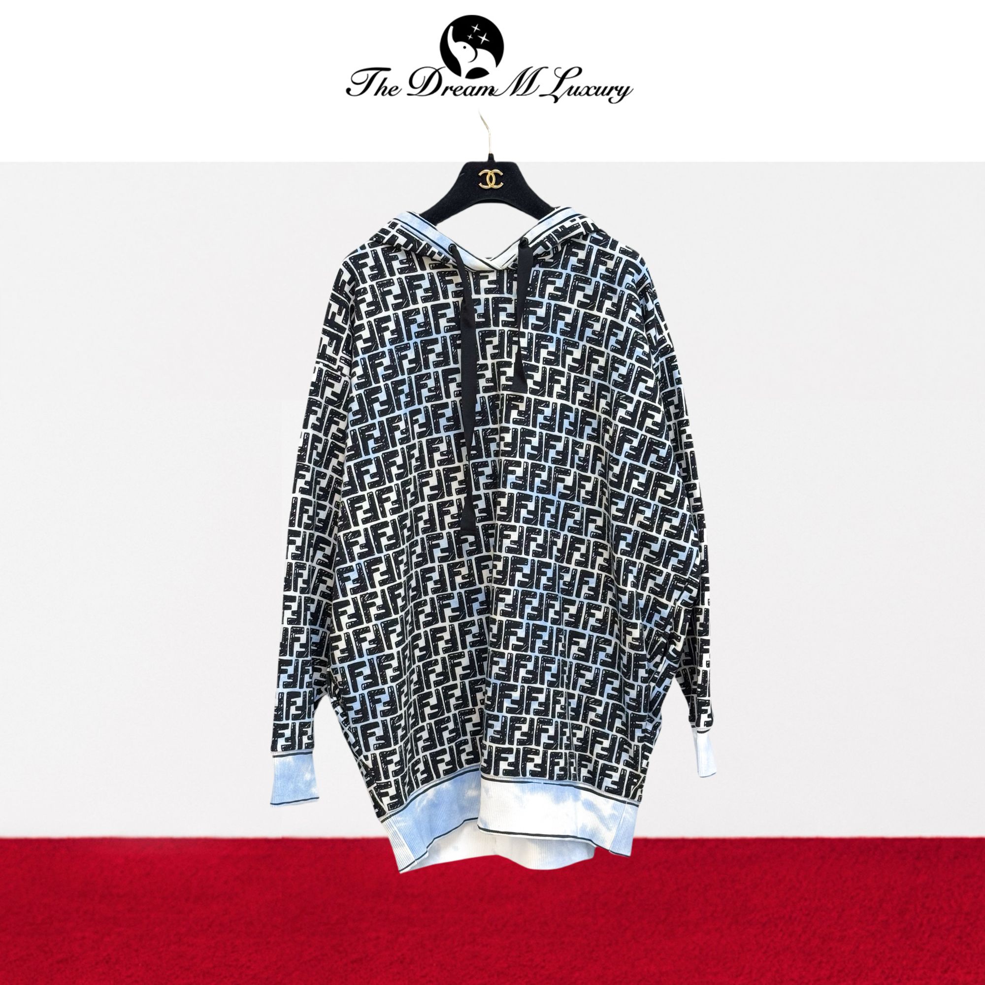 99新 FENDI/芬迪 M码满logo蓝色晕染连帽长袖卫衣