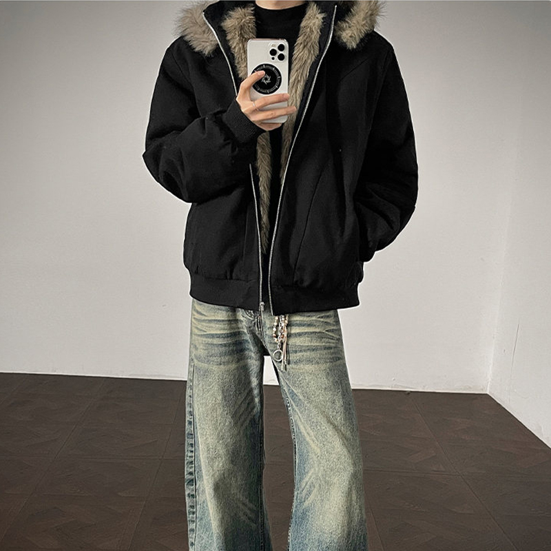 座山雕连帽外套男款冬季美式潮牌棉服加厚保暖痞帅可拆卸毛领棉衣