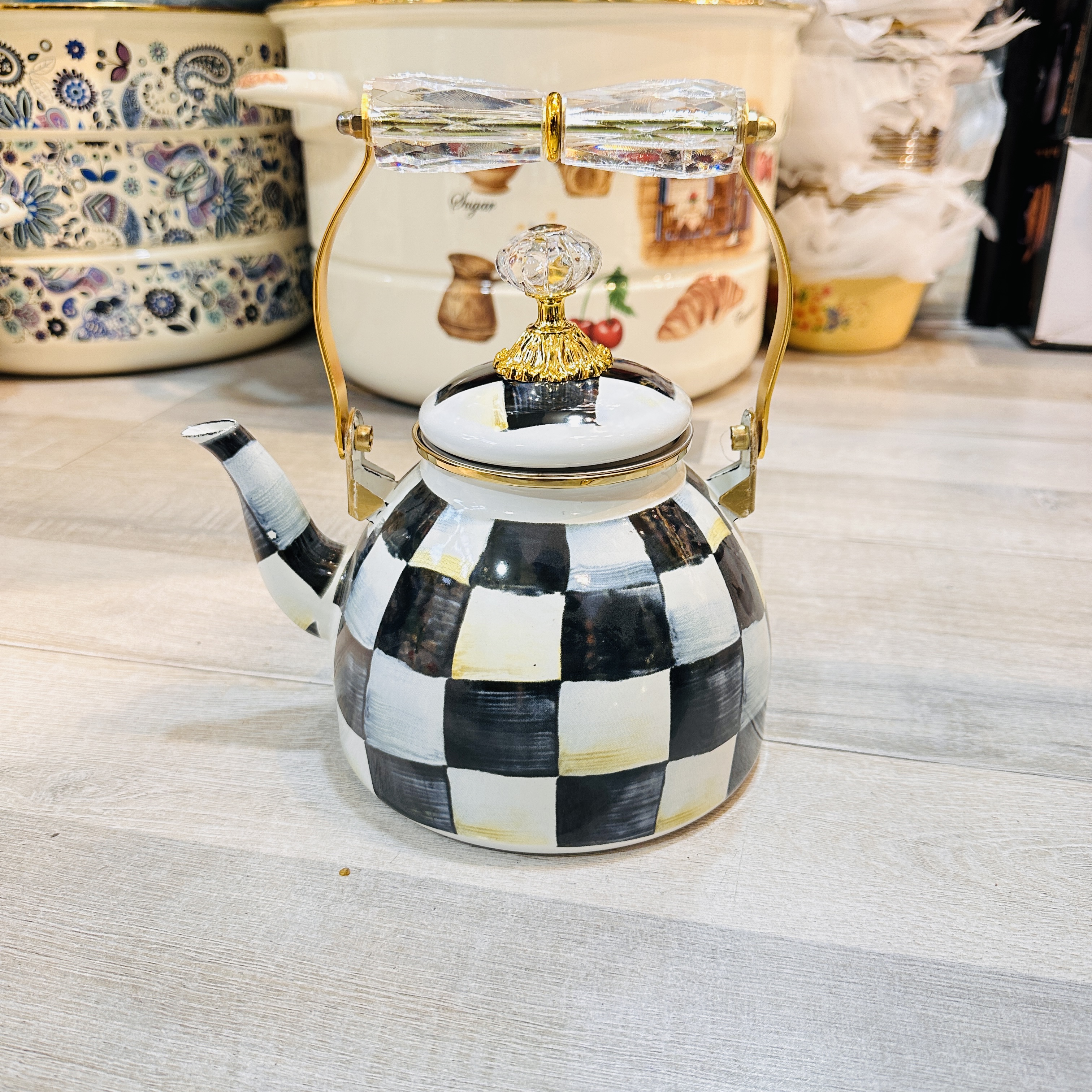 帕湾pawan 经典格纹水晶柄搪瓷茶壶2.0L