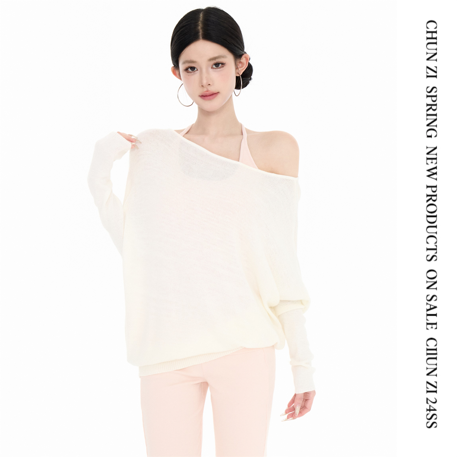 【CHUN ZI】慵懒自怡 斜肩设计感露肩宽松修身打底毛衫上衣女