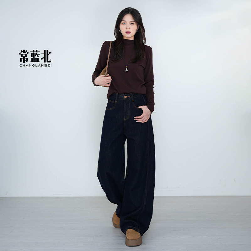 常蓝北【鎏光黑金】秋冬原创植绒黑金原牛丹宁蓝保暖百搭窄版弯刀裤