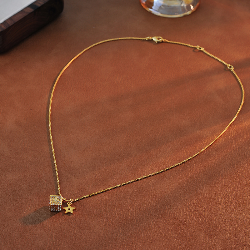 合金项链 1092满钻小方块D字母项链吊坠时尚个性流苏颈链