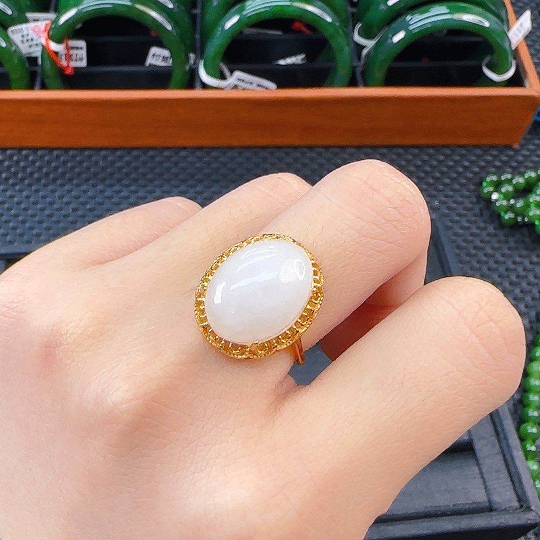 银S925镶嵌戒指和田玉白玉蛋面戒指