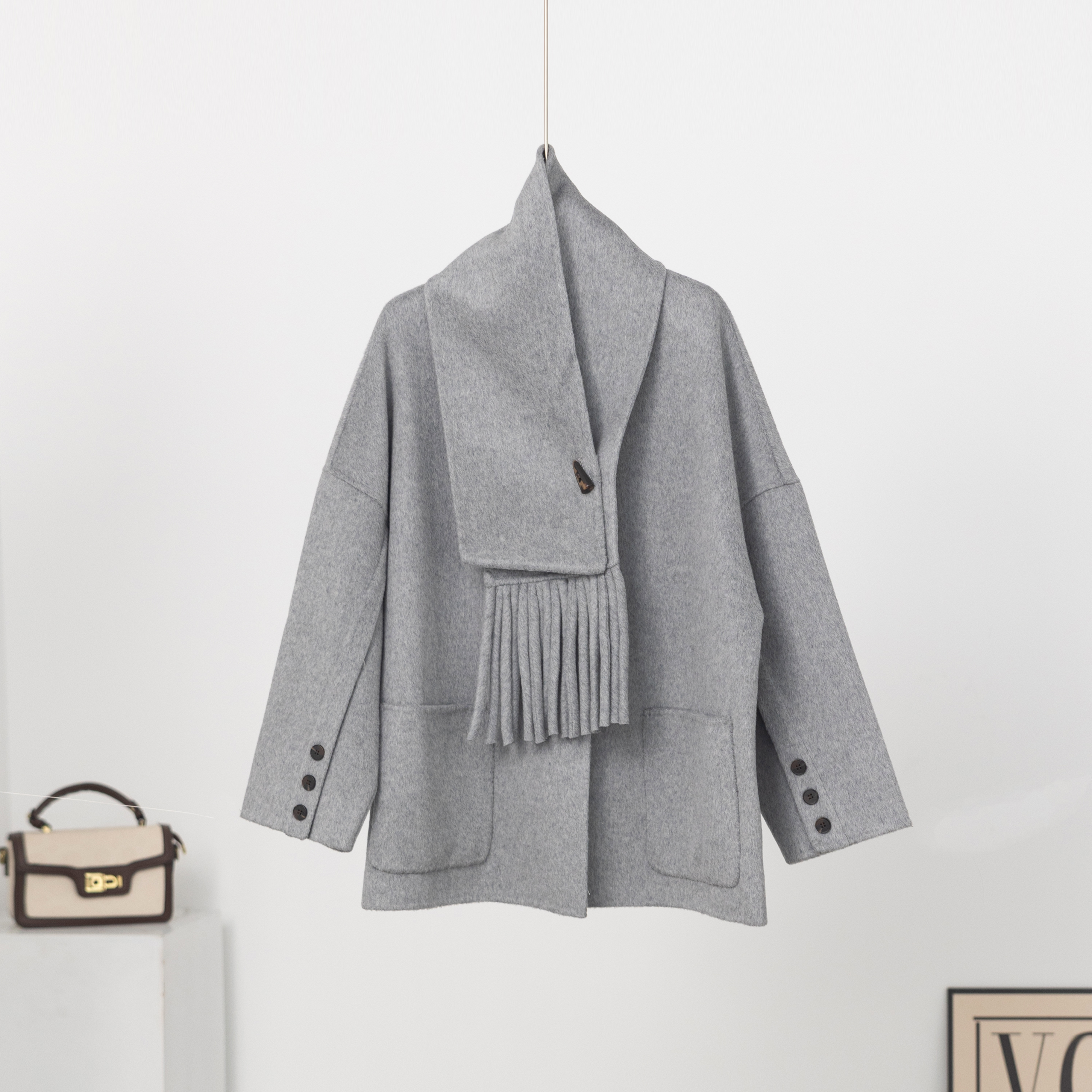 无印心匠k1378 秋冬中长款围巾领女时尚休闲百搭羊毛外套 A052