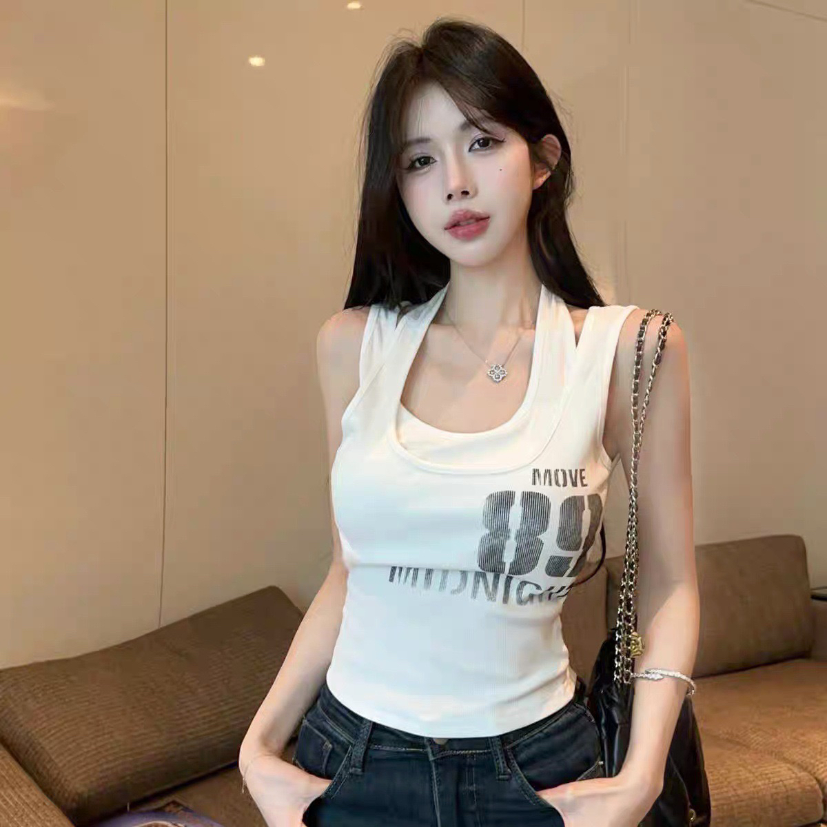 夏季新款美式辣妹字母印花假两件修身纯欲外穿吊带背心女